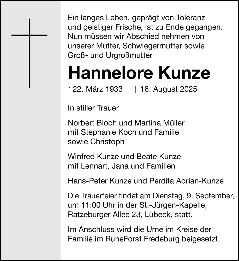  Traueranzeige für Hannelore Kunze vom 30.08.2025 aus MARKT Ratzeburg/Mölln
