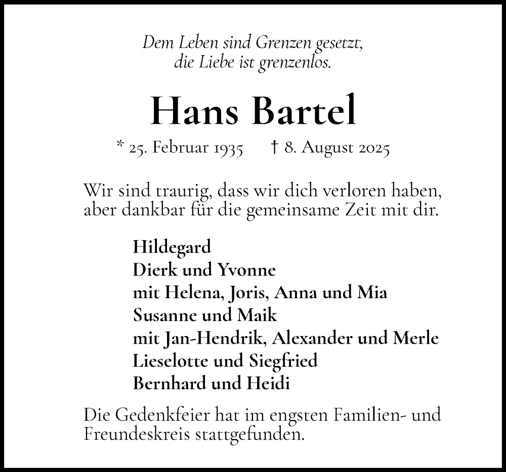  Traueranzeige für Hans Bartel vom 23.08.2025 aus Wedel-Schulauer Tageblatt, tip Wedel-Schulauer Tageblatt, tip Rissener Rundschau
