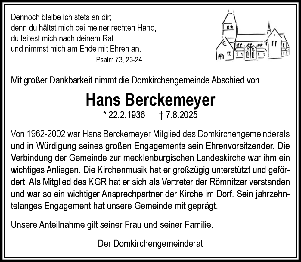  Traueranzeige für Hans Berckemeyer vom 16.08.2025 aus MARKT Ratzeburg/Mölln