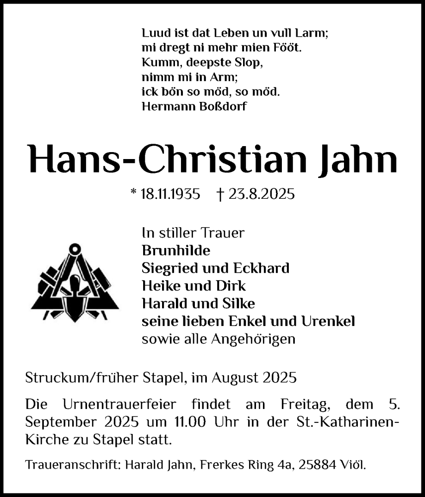  Traueranzeige für Hans-Christian Jahn vom 30.08.2025 aus Husumer Nachrichten, Nordfriesland Tageblatt