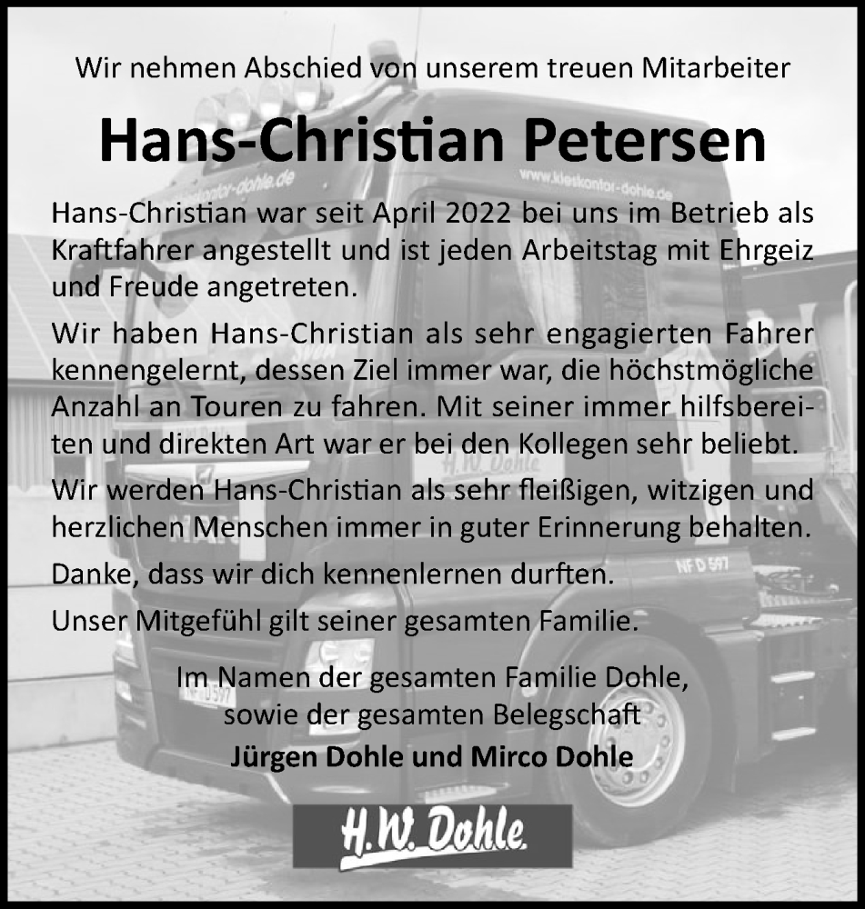  Traueranzeige für Hans-Christian Petersen vom 23.08.2025 aus Husumer Nachrichten, Nordfriesland Tageblatt
