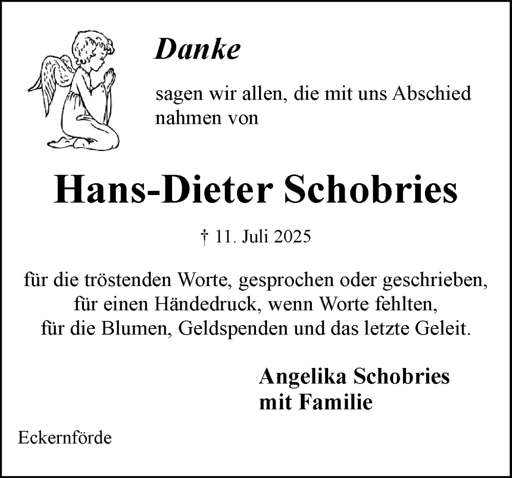  Traueranzeige für Hans-Dieter Schobries vom 16.08.2025 aus Eckernförder Zeitung, Hallo Eckernförde