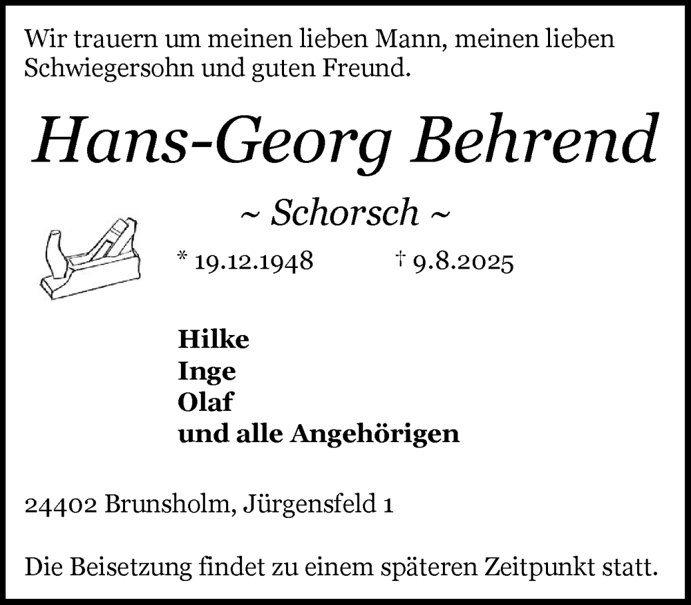  Traueranzeige für Hans-Georg Behrend vom 15.08.2025 aus Schleswiger Nachrichten, Schlei-Bote