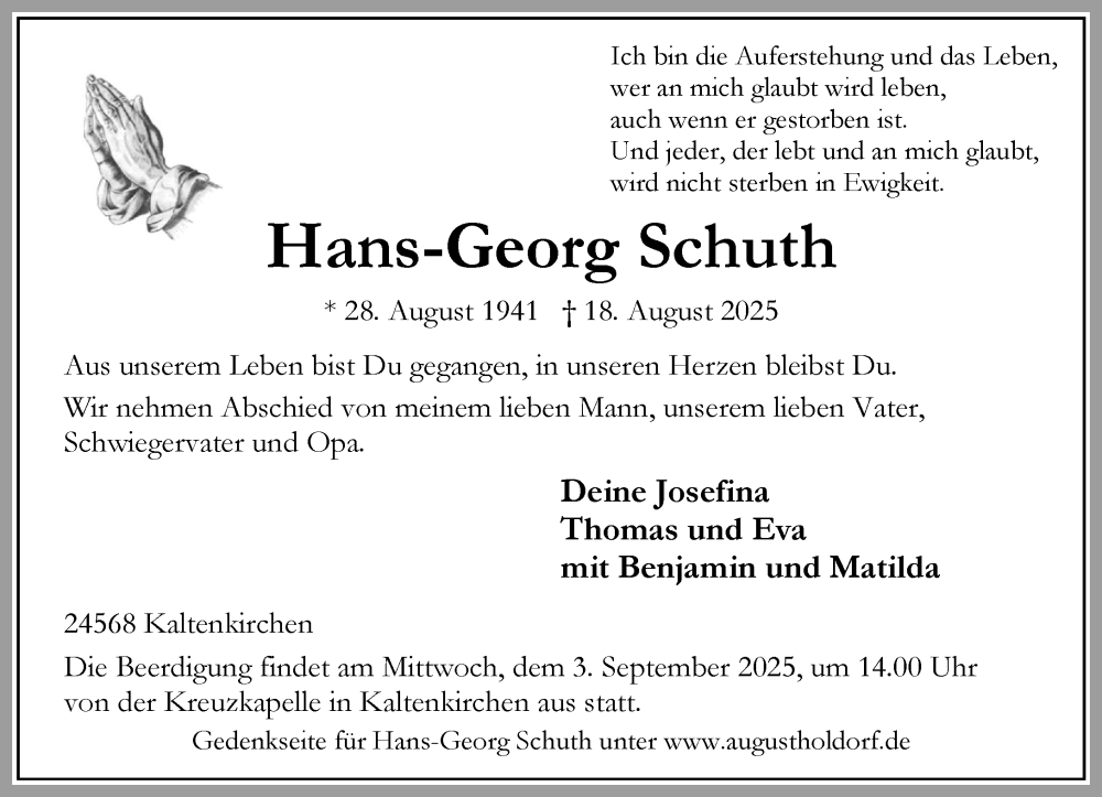  Traueranzeige für Hans-Georg Schuth vom 30.08.2025 aus Umschau