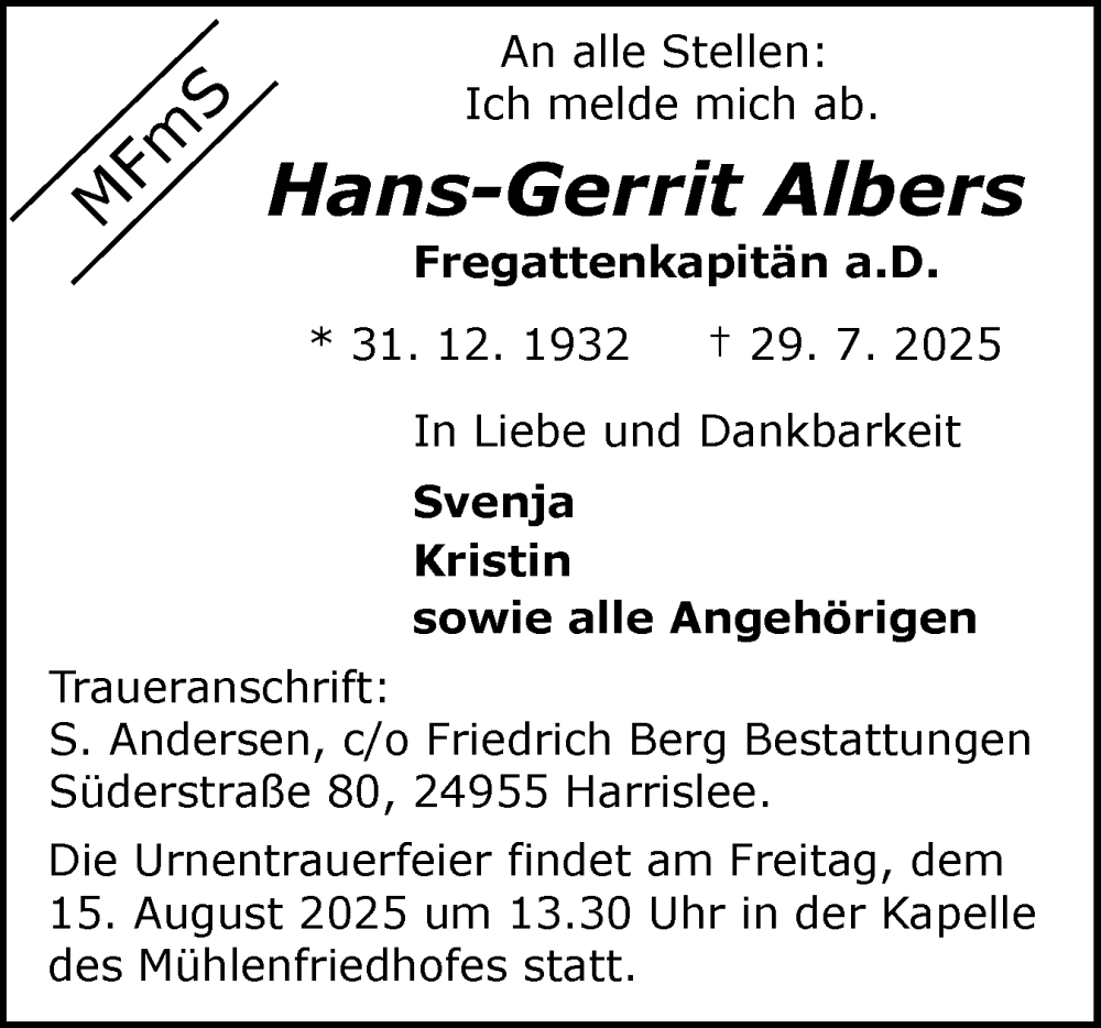  Traueranzeige für Hans-Gerrit Albers vom 02.08.2025 aus Flensburger Tageblatt