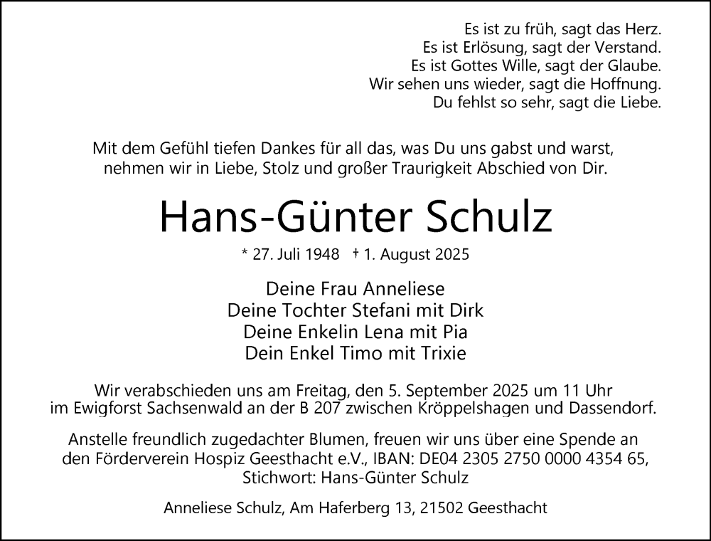  Traueranzeige für Hans-Günter Schulz vom 23.08.2025 aus Wochenend Anzeiger