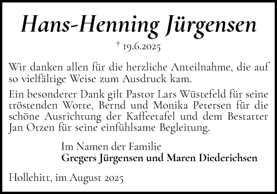 Traueranzeige von Hans-Henning Jürgensen von Flensburger Tageblatt