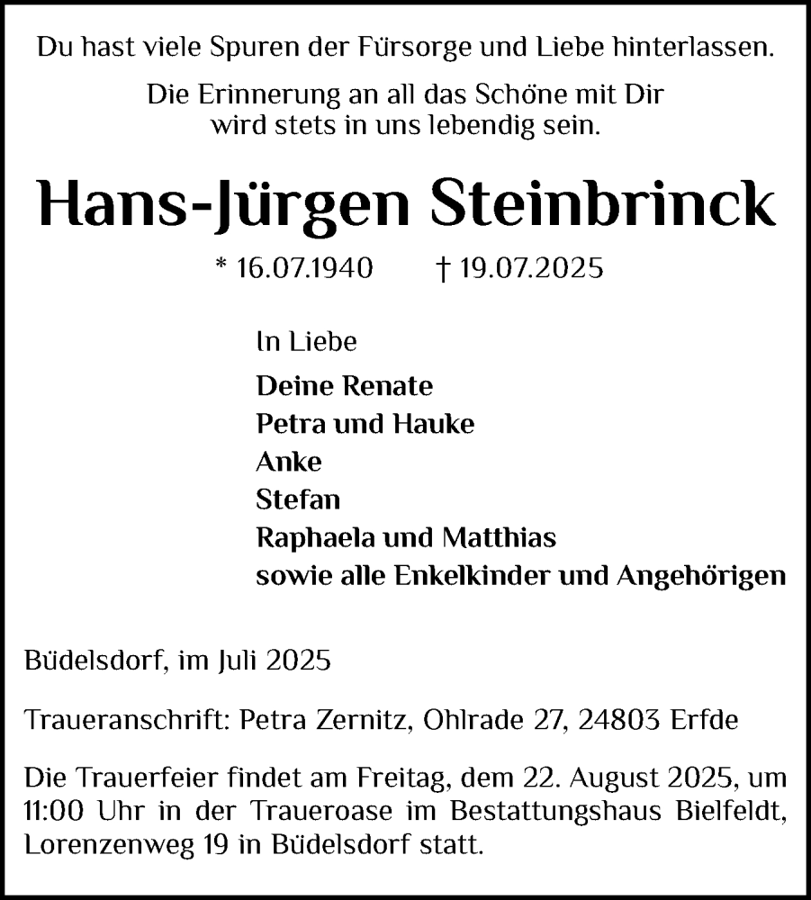 Traueranzeige für Hans-Jürgen Steinbrinck vom 02.08.2025 aus Schleswig-Holsteinische Landeszeitung