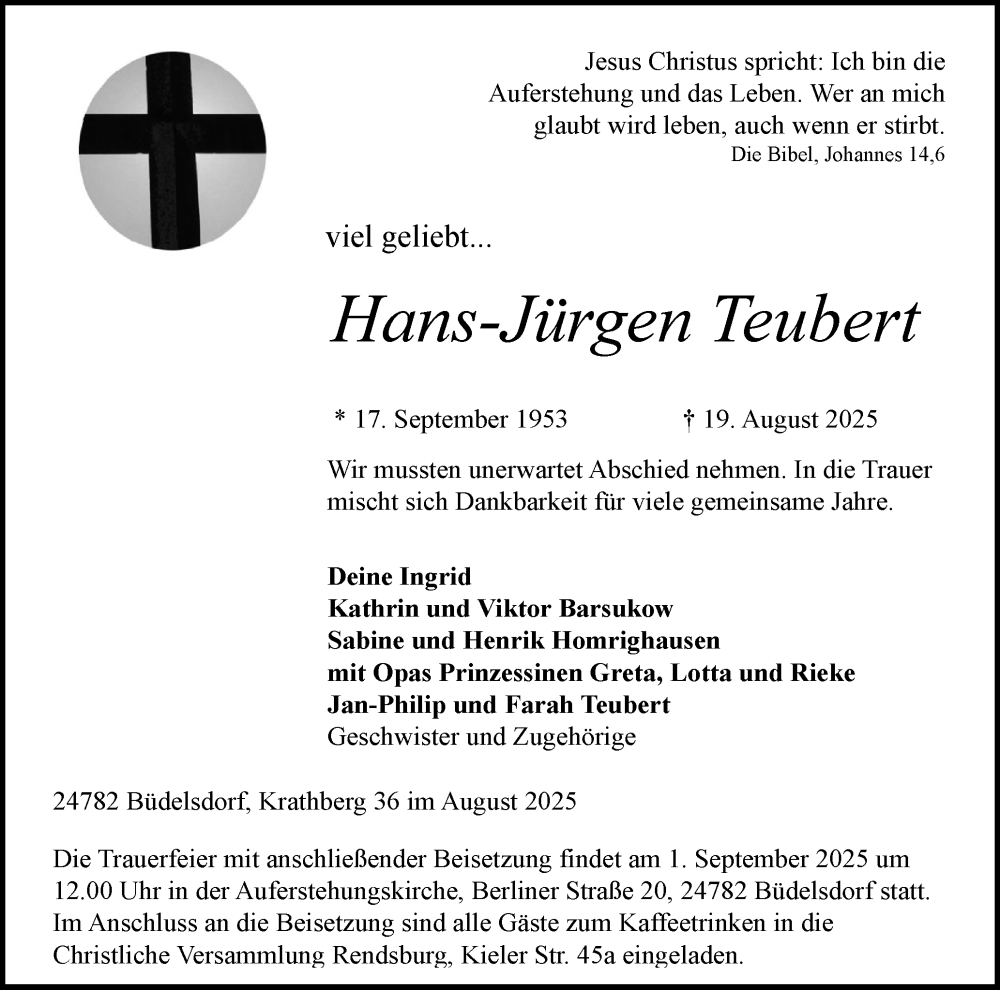  Traueranzeige für Hans-Jürgen Teubert vom 23.08.2025 aus Schleswig-Holsteinische Landeszeitung