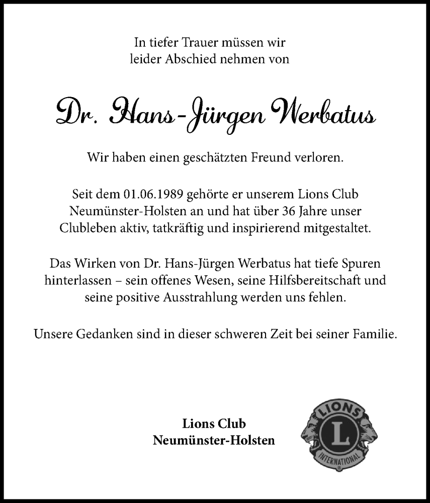  Traueranzeige für Hans-Jürgen Werbatus vom 30.08.2025 aus Holsteinischer Courier