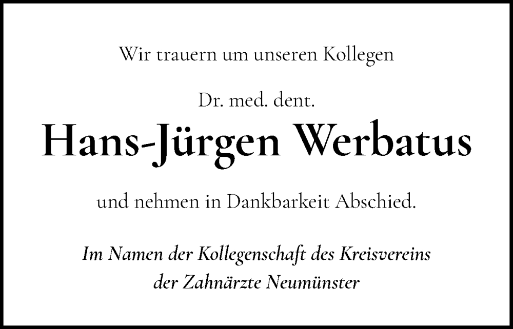  Traueranzeige für Hans-Jürgen Werbatus vom 26.08.2025 aus Holsteinischer Courier