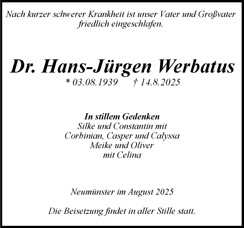  Traueranzeige für Hans-Jürgen Werbatus vom 23.08.2025 aus Holsteinischer Courier