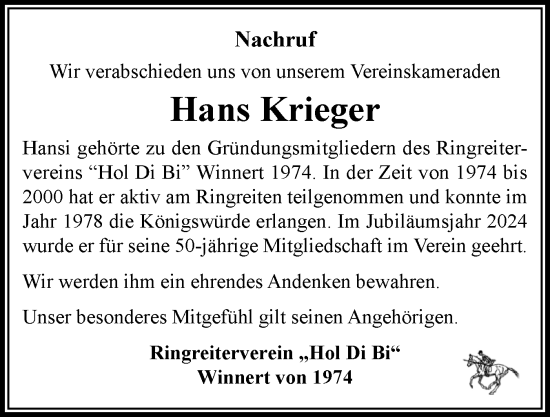 Traueranzeige von Hans Krieger von Die WochenSchau Gesamtausgabe