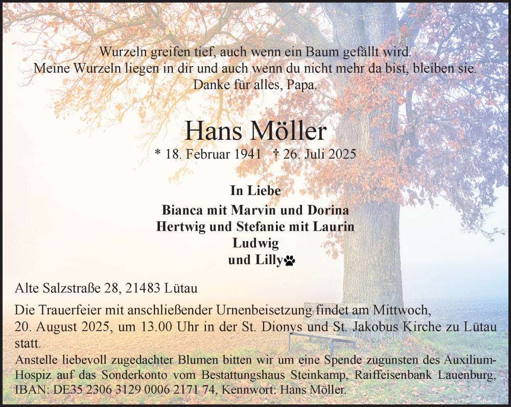  Traueranzeige für Hans Möller vom 09.08.2025 aus Wochenend Anzeiger