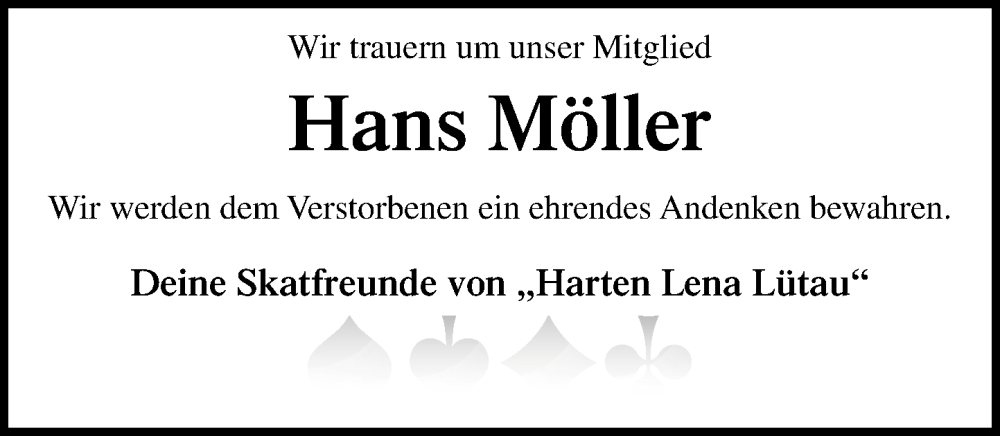  Traueranzeige für Hans Möller vom 09.08.2025 aus Wochenend Anzeiger
