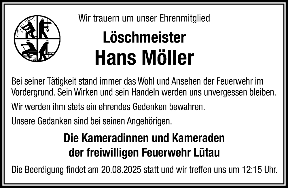  Traueranzeige für Hans Möller vom 16.08.2025 aus Wochenend Anzeiger