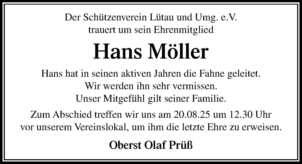  Traueranzeige für Hans Möller vom 16.08.2025 aus Wochenend Anzeiger