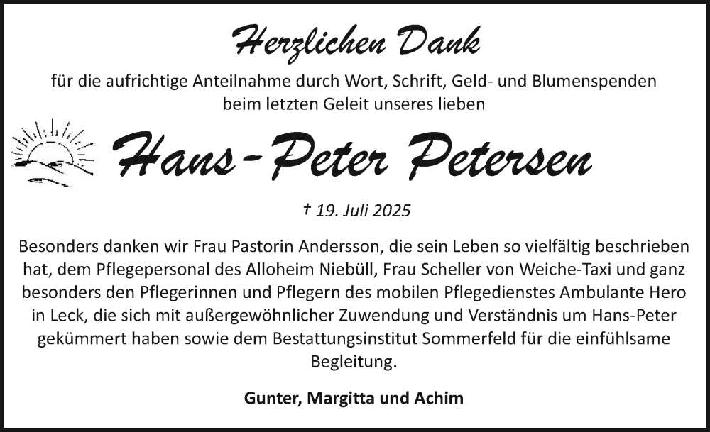  Traueranzeige für Hans-Peter Petersen vom 16.08.2025 aus Region Flensburg