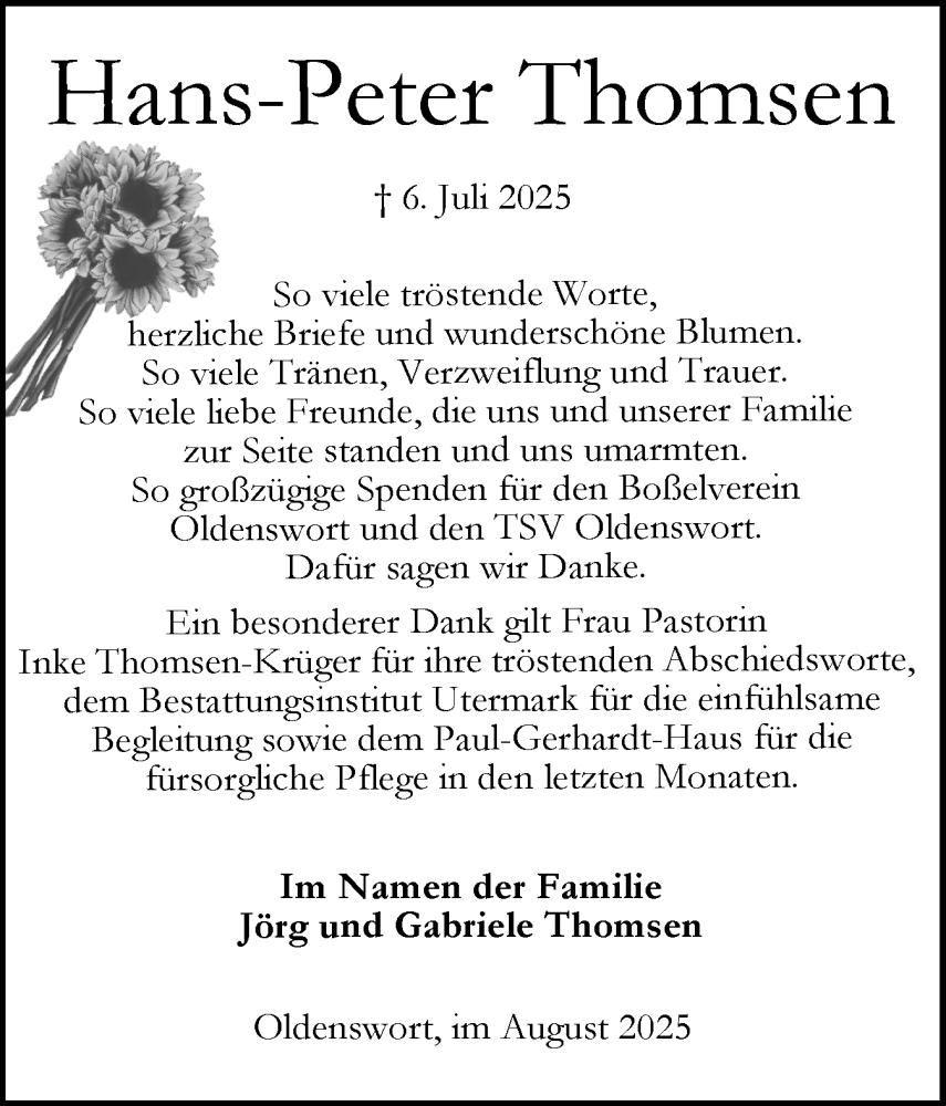  Traueranzeige für Hans-Peter Thomsen vom 09.08.2025 aus Husumer Nachrichten, Nordfriesland Tageblatt