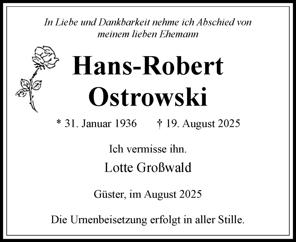  Traueranzeige für Hans-Robert Ostrowski vom 30.08.2025 aus Wochenend Anzeiger