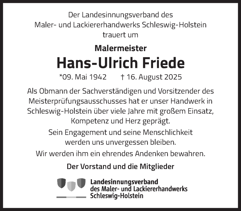  Traueranzeige für Hans-Ulrich Friede vom 30.08.2025 aus Schleswiger Nachrichten, Schlei-Bote, Eckernförder Zeitung