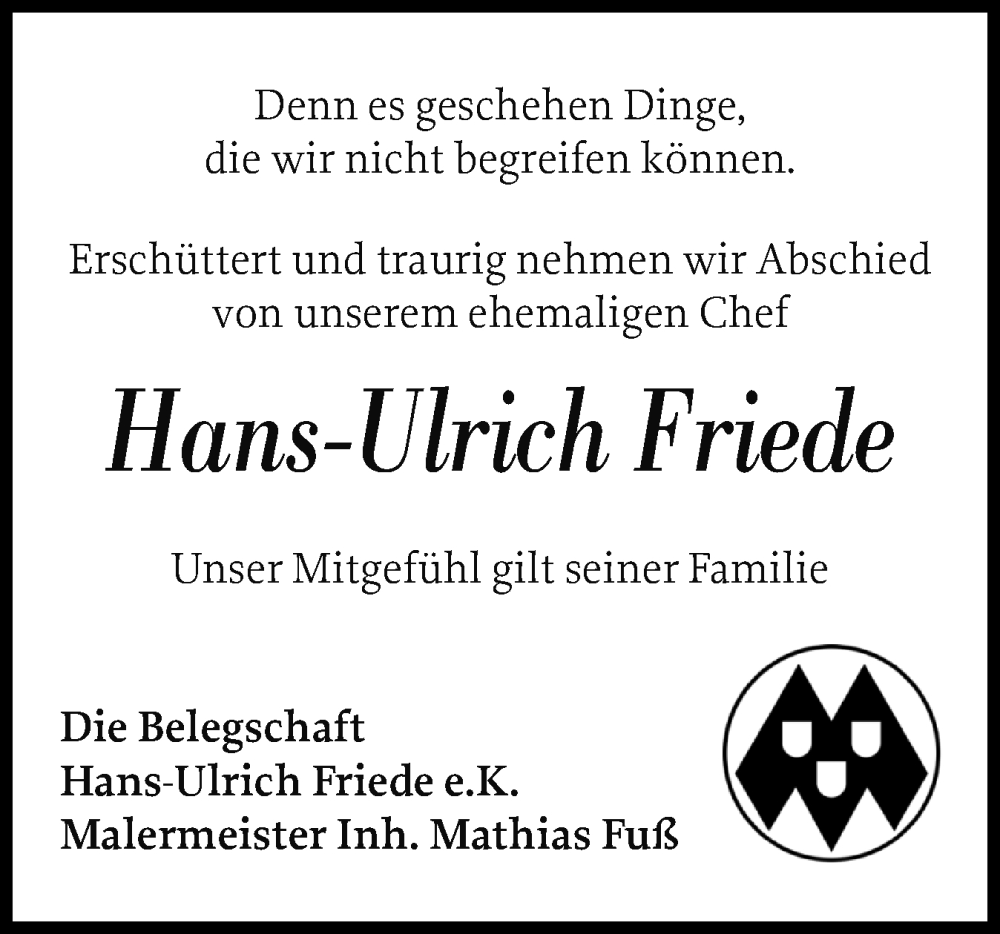  Traueranzeige für Hans-Ulrich Friede vom 30.08.2025 aus Schleswiger Nachrichten, Schlei-Bote