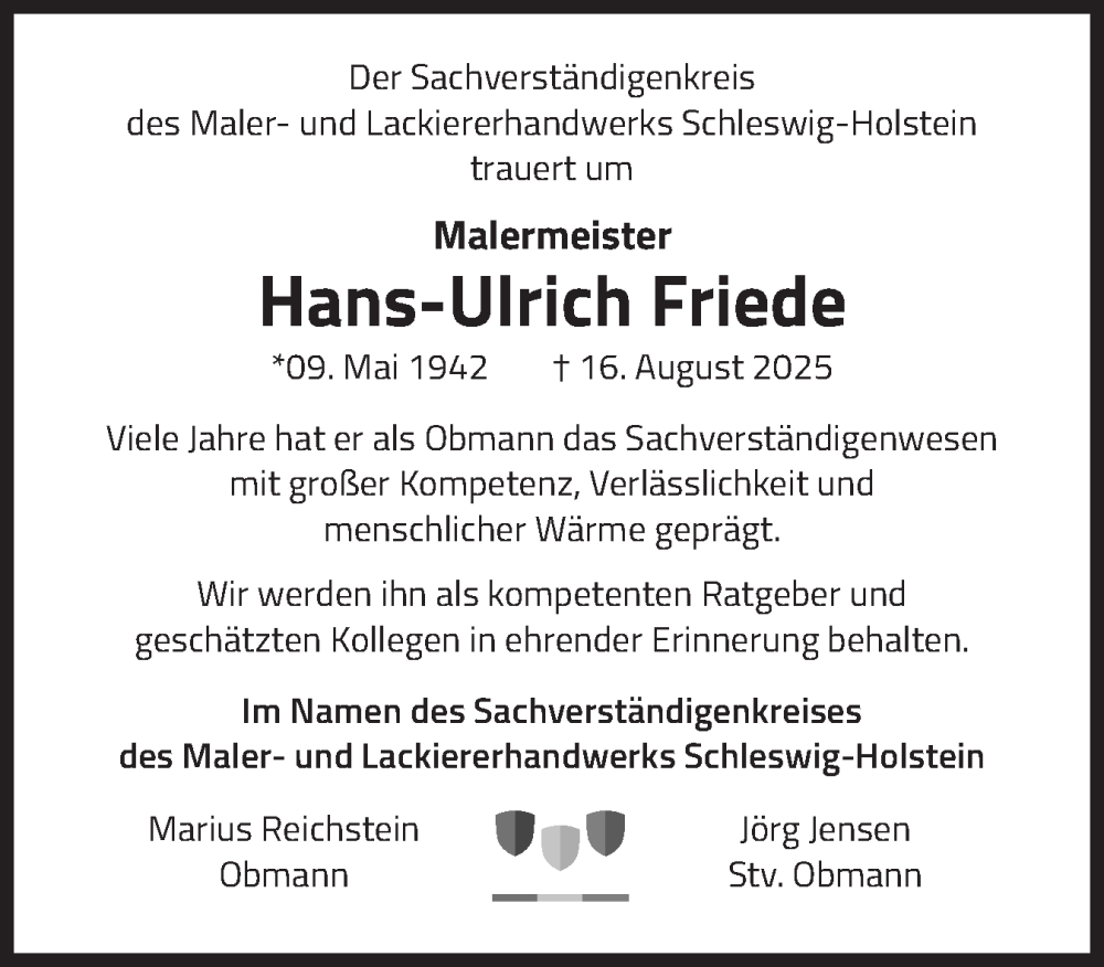  Traueranzeige für Hans-Ulrich Friede vom 30.08.2025 aus Schleswiger Nachrichten, Schlei-Bote, Eckernförder Zeitung