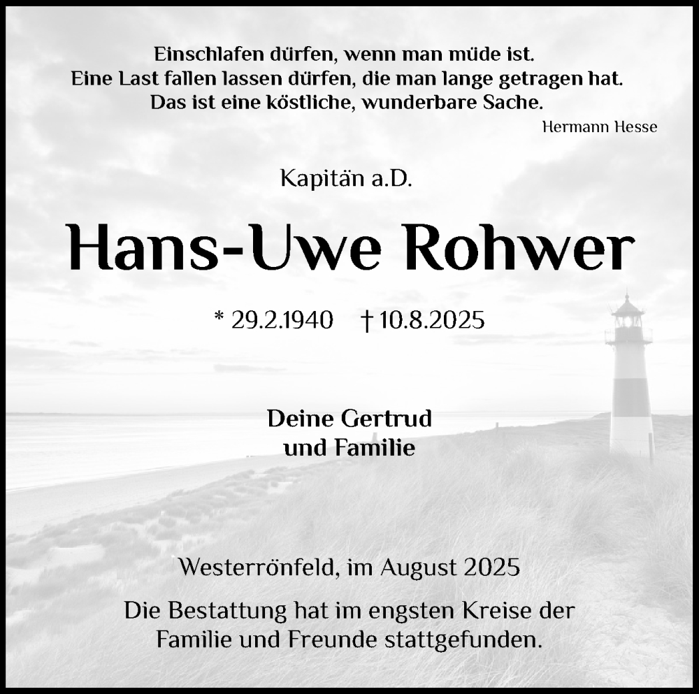  Traueranzeige für Hans-Uwe Rohwer vom 30.08.2025 aus Schleswig-Holsteinische Landeszeitung