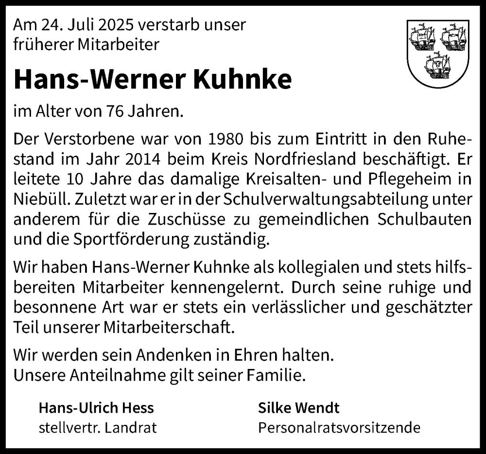  Traueranzeige für Hans-Werner Kuhnke vom 13.08.2025 aus Husumer Nachrichten, Nordfriesland Tageblatt