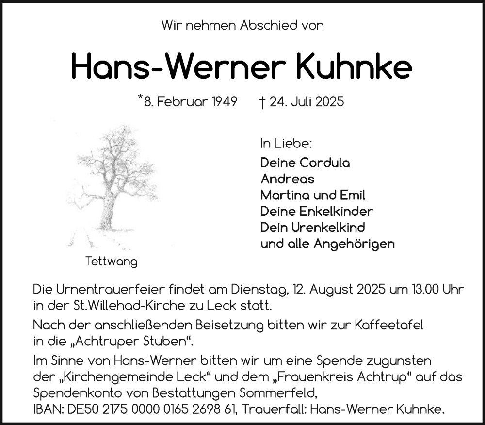  Traueranzeige für Hans-Werner Kuhnke vom 02.08.2025 aus Region Flensburg