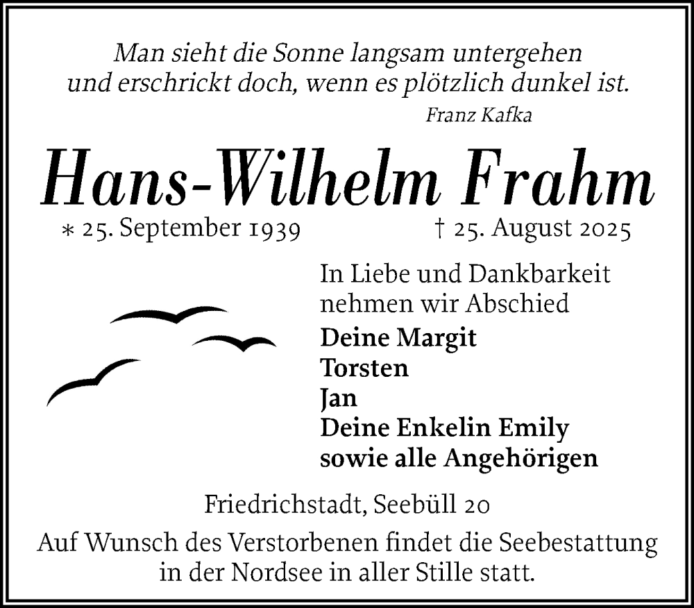  Traueranzeige für Hans-Wilhelm Frahm vom 29.08.2025 aus Husumer Nachrichten, Nordfriesland Tageblatt