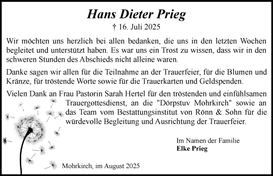 Traueranzeige von Hans Dieter Prieg von Flensburger Tageblatt, Schleswiger Nachrichten, Schlei-Bote