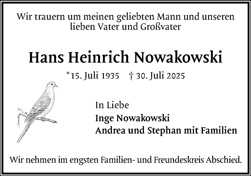  Traueranzeige für Hans Heinrich Nowakowski vom 16.08.2025 aus Region Pinneberg und tip Pinneberg