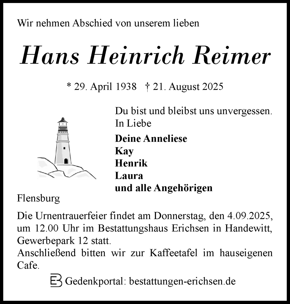  Traueranzeige für Hans Heinrich Reimer vom 30.08.2025 aus Flensburger Tageblatt