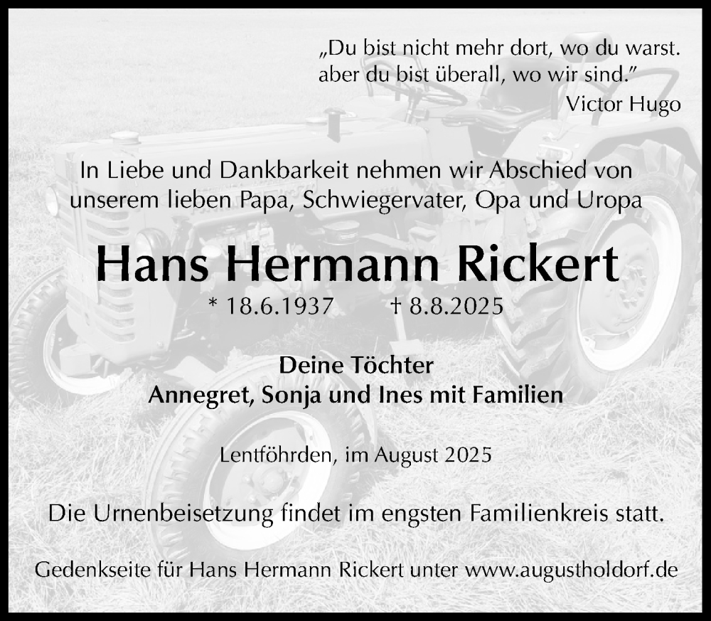  Traueranzeige für Hans Hermann Rickert vom 16.08.2025 aus Umschau
