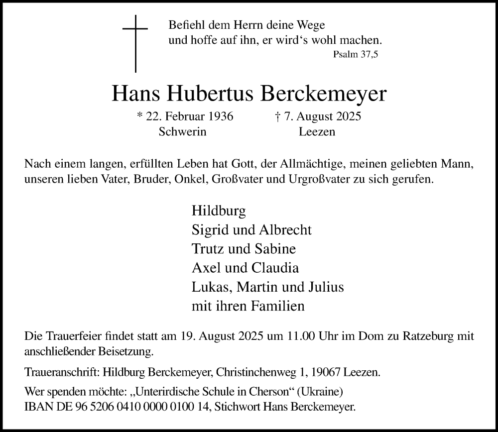  Traueranzeige für Hans Hubertus Berckemeyer vom 16.08.2025 aus MARKT Ratzeburg/Mölln