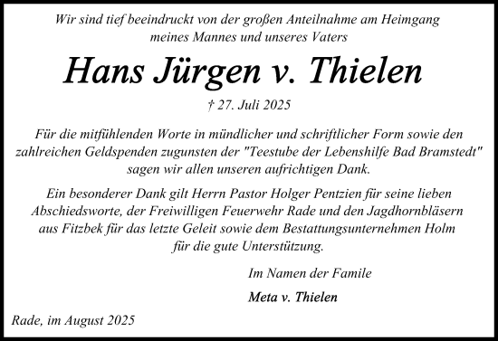 Traueranzeige von Hans Jürgen v. Thielen von Norddeutsche Rundschau, Wilstersche Zeitung, Glückstädter Fortuna