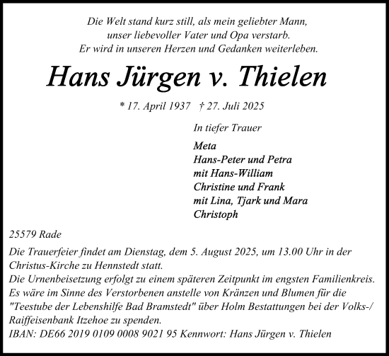 Traueranzeige von Hans Jürgen v. Thielen von Norddeutsche Rundschau, Wilstersche Zeitung, Glückstädter Fortuna
