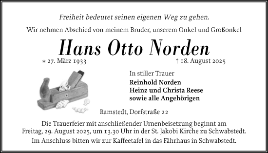 Traueranzeige von Hans Otto Norden von Husumer Nachrichten, Nordfriesland Tageblatt