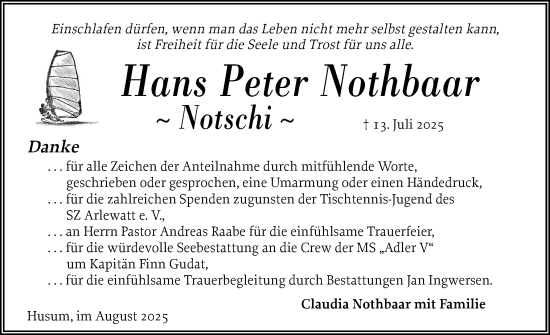 Traueranzeige von Hans Peter Nothbaar von Husumer Nachrichten, Nordfriesland Tageblatt