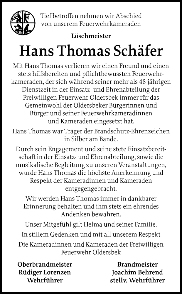  Traueranzeige für Hans Thomas Schäfer vom 25.08.2025 aus Husumer Nachrichten, Nordfriesland Tageblatt