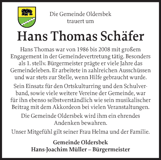 Traueranzeige von Hans Thomas Schäfer von Husumer Nachrichten, Nordfriesland Tageblatt