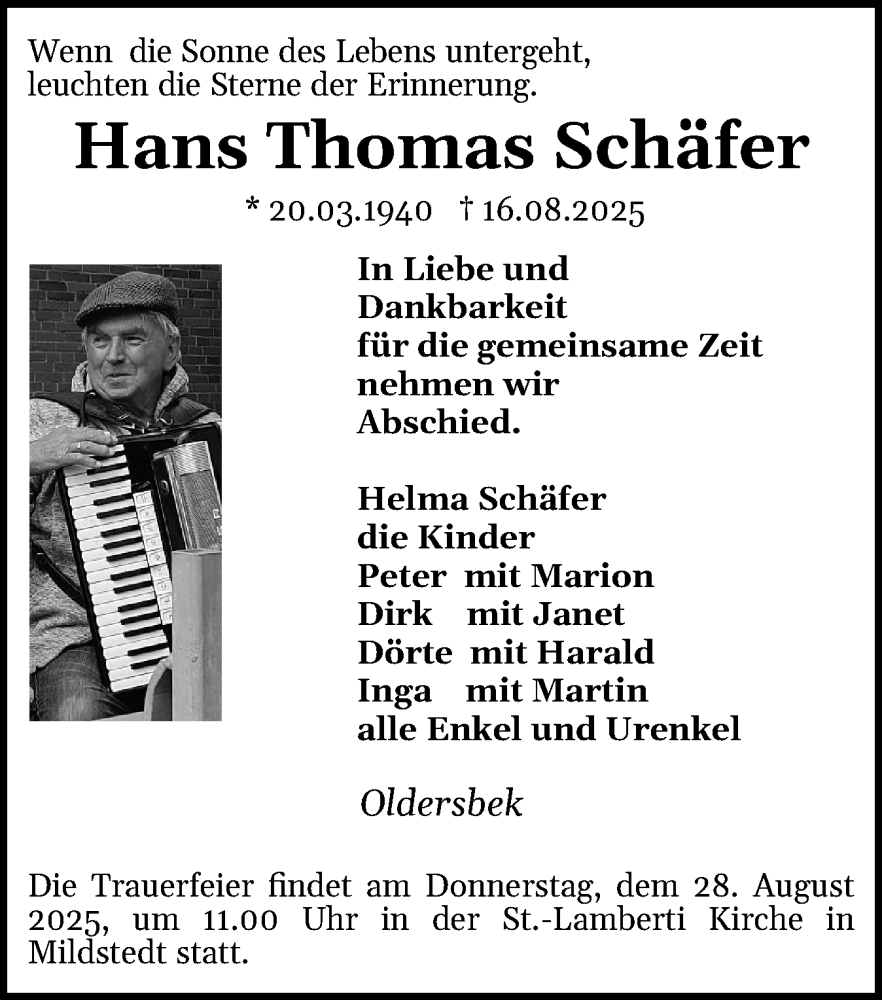  Traueranzeige für Hans Thomas Schäfer vom 23.08.2025 aus Husumer Nachrichten, Nordfriesland Tageblatt