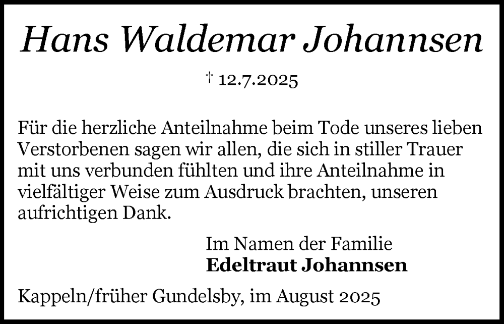  Traueranzeige für Hans Waldemar Johannsen vom 23.08.2025 aus Schleswiger Nachrichten, Schlei-Bote
