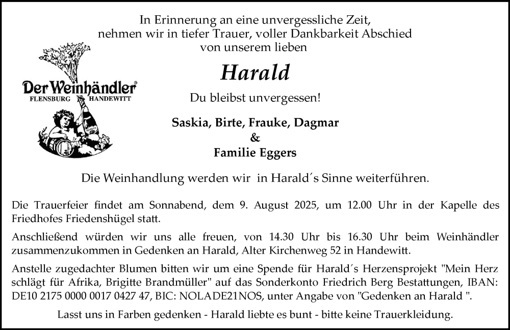  Traueranzeige für Harald  vom 02.08.2025 aus Region Flensburg