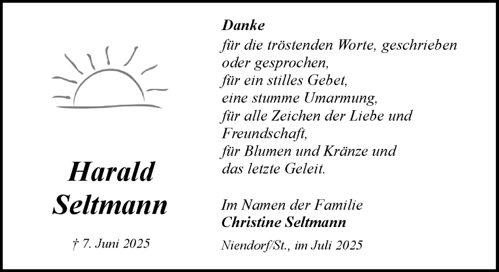  Traueranzeige für Harald Seltmann vom 02.08.2025 aus MARKT Ratzeburg/Mölln