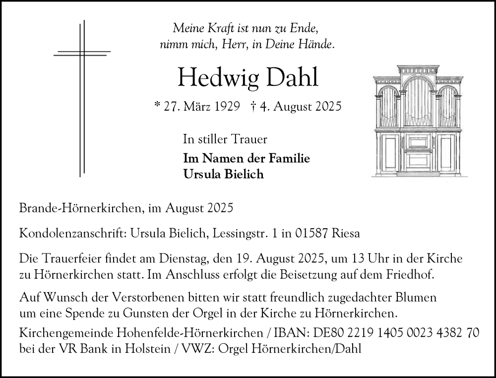 Traueranzeige für Hedwig Dahl vom 16.08.2025 aus Elmshorner Nachrichten, Barmstedter Zeitung