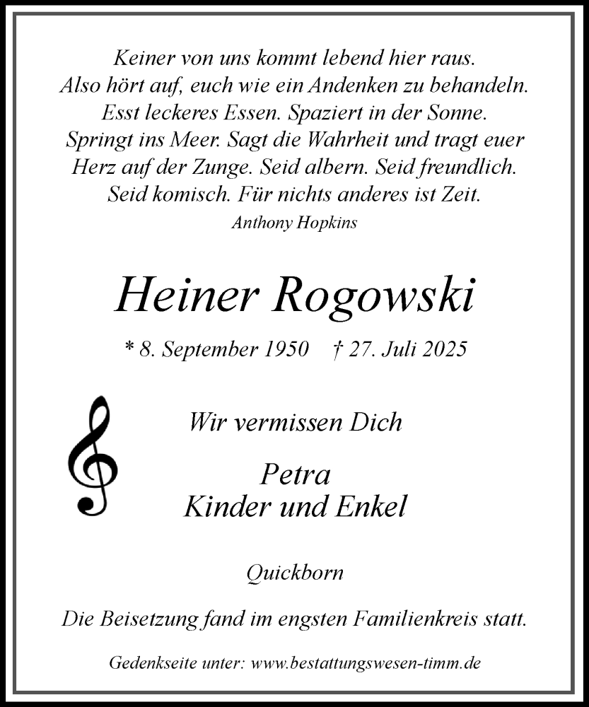  Traueranzeige für Heiner Rogowski vom 09.08.2025 aus Umschau