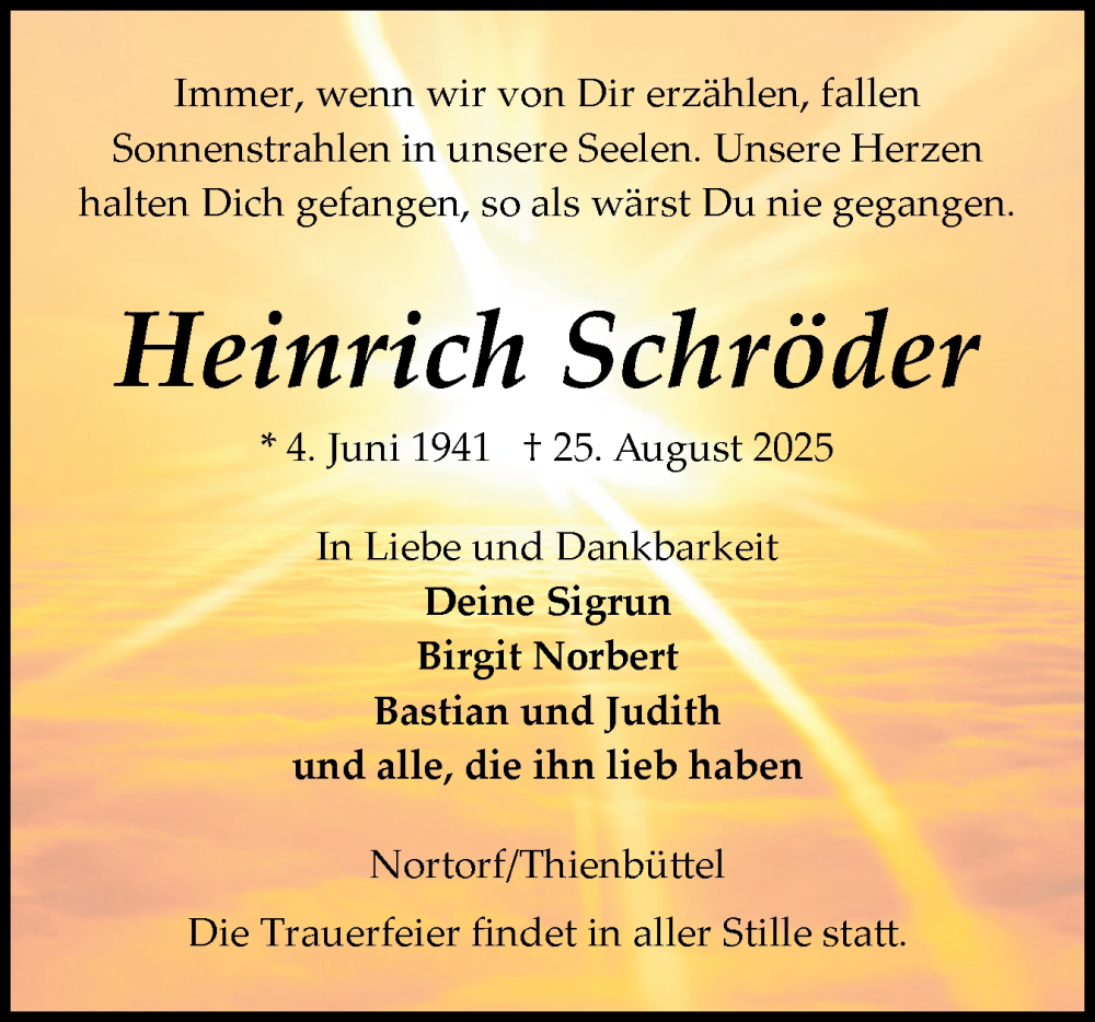  Traueranzeige für Heinrich Schröder vom 30.08.2025 aus Schleswig-Holsteinische Landeszeitung