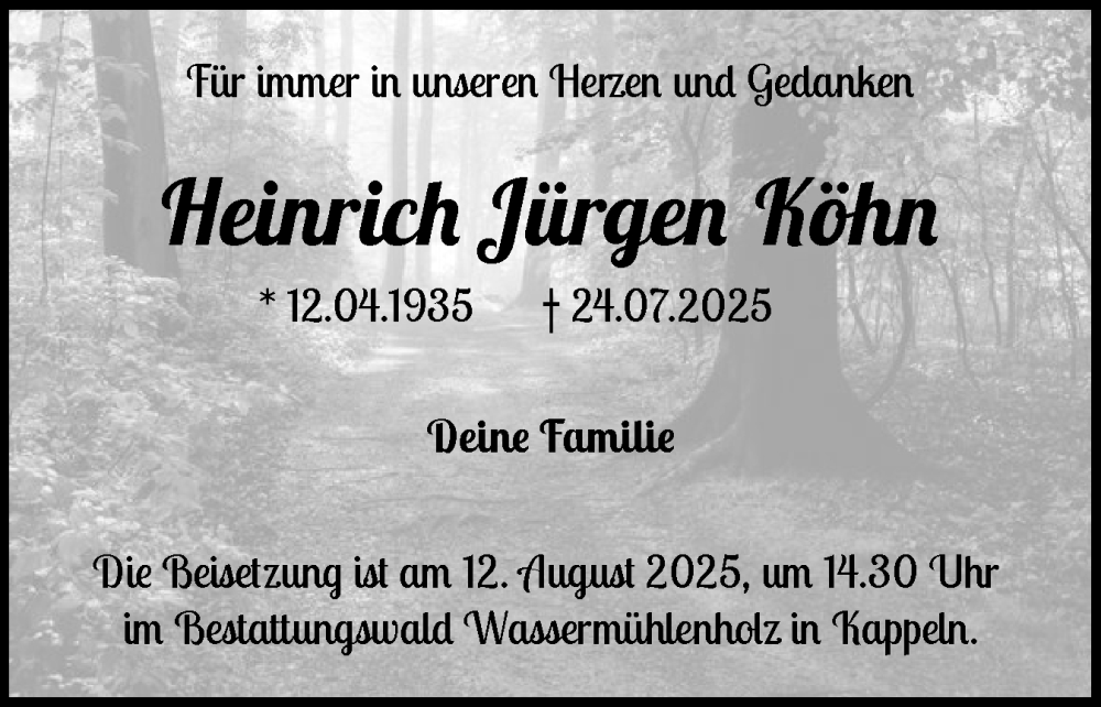  Traueranzeige für Heinrich Jürgen Köhn vom 07.08.2025 aus Schleswiger Nachrichten, Schlei-Bote